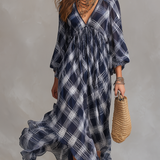Vestido maxi fluido de estilo francés, azul marino a cuadros, de corte relajado