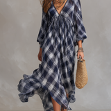Vestido maxi fluido de estilo francés, azul marino a cuadros, de corte relajado